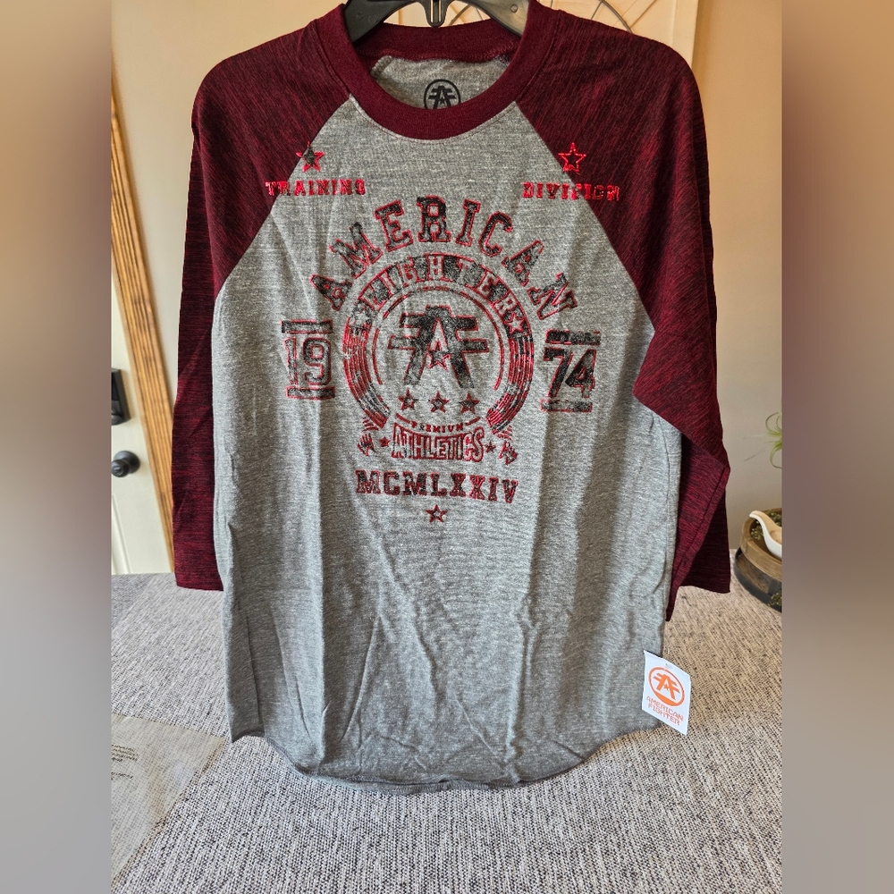 American Fighter Women's Burgundy and Gray Raglan 3/4 Sleeve Tee